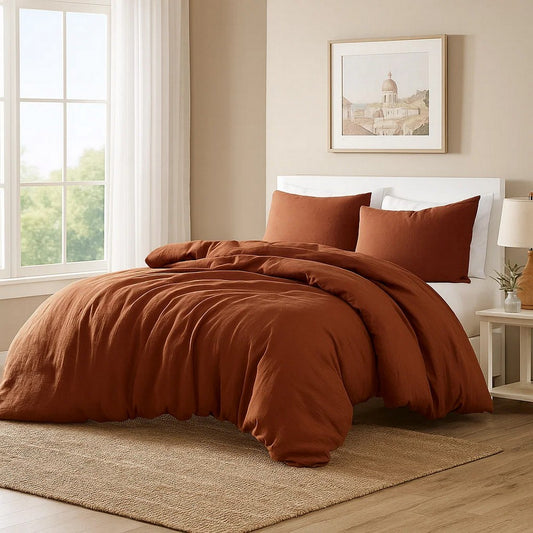 Edge 4 Piece Queen Size Duvet Comforter Set, Washed Linen, Rust Orange By Casagear Home