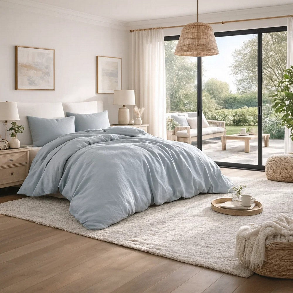 Edge 4 Piece King Size Duvet Comforter Set, Washed Linen, Light Blue By Casagear Home