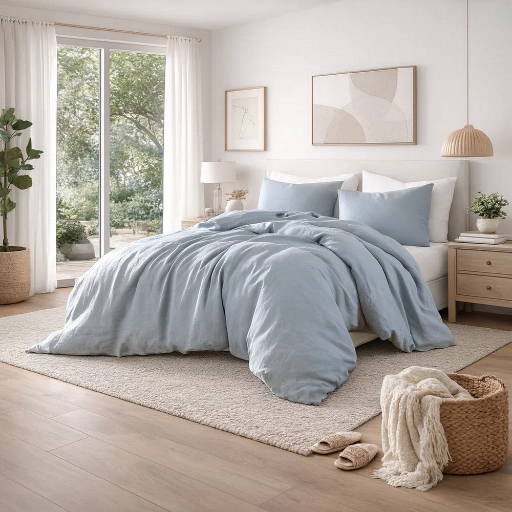 Edge 4 Piece King Size Duvet Comforter Set, Washed Linen, Light Blue By Casagear Home