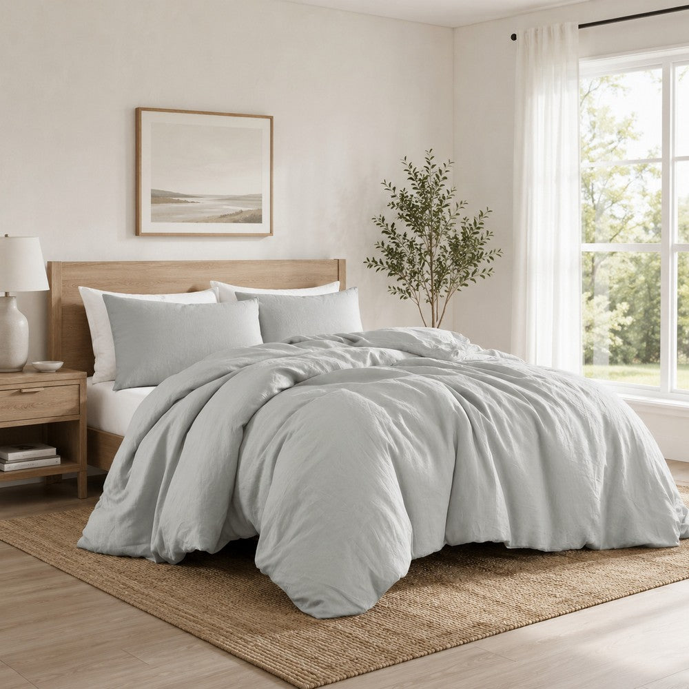 Edge 4 Piece King Size Duvet Comforter Set, Washed Linen, Cotton, Soft Gray By Casagear Home