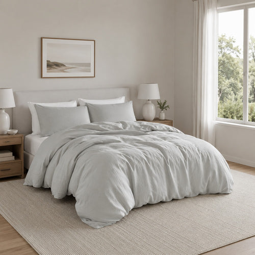Edge 4 Piece King Size Duvet Comforter Set, Washed Linen, Cotton, Soft Gray By Casagear Home