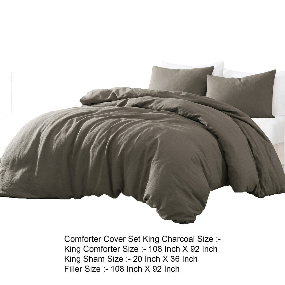 Edge 4 Piece King Size Duvet Comforter Set Washed Linen Charcoal Gray By Casagear Home BM304728