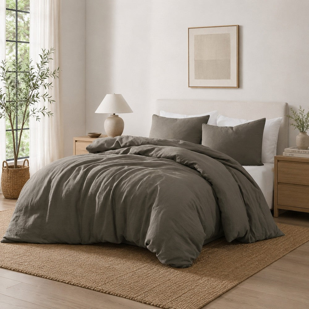 Edge 4 Piece Queen Size Duvet Comforter Set, Washed Linen, Charcoal Gray By Casagear Home