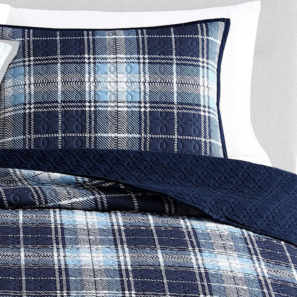Ivy 2 Piece Twin Size Plaid Coverlet with Matching Sham, Blue, White By Casagear Home