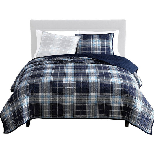 Ivy 2 Piece Twin Size Plaid Coverlet with Matching Sham, Blue, White By Casagear Home