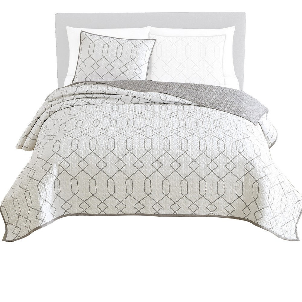 Jim 2 Piece Twin Size Reversible Coverlet Set, Geometric White and Gray By Casagear Home