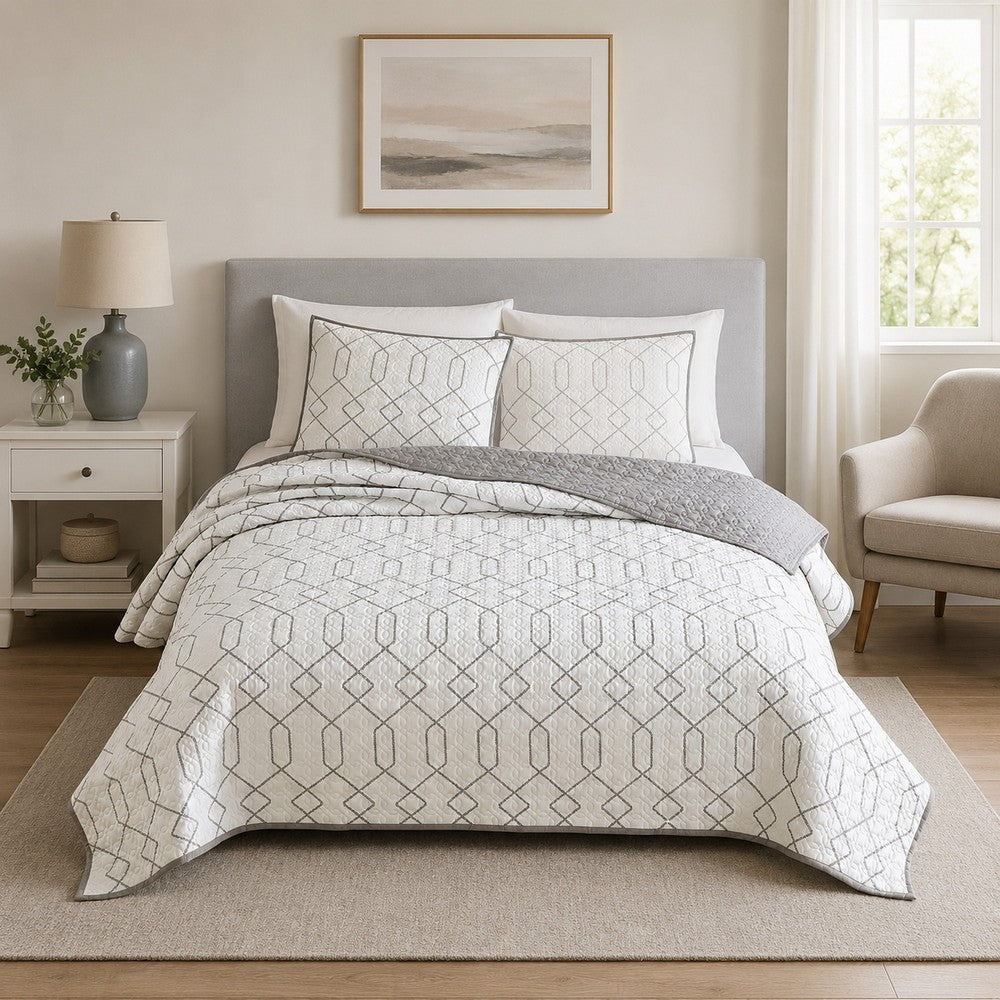 Jim 2 Piece Twin Size Reversible Coverlet Set, Geometric White and Gray By Casagear Home