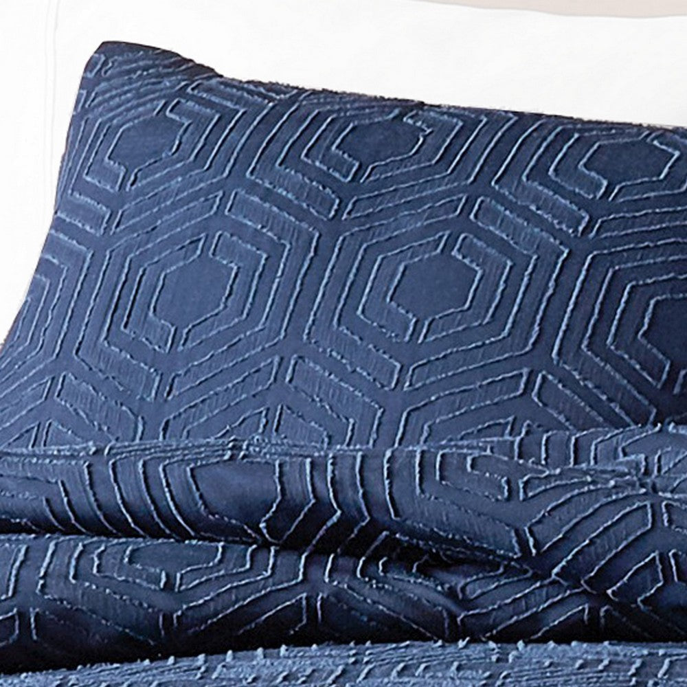 Jose 3 Piece King Size Comforter Set, Matching Shams, Jacquard Navy Blue By Casagear Home