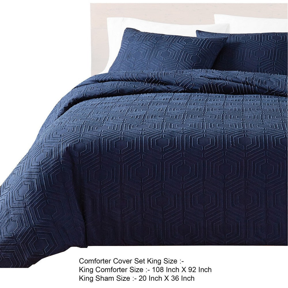 Jose 3 Piece King Size Comforter Set, Matching Shams, Jacquard Navy Blue By Casagear Home