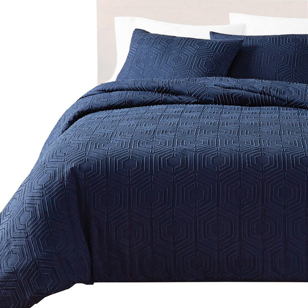 Jose 3 Piece King Size Comforter Set, Matching Shams, Jacquard Navy Blue By Casagear Home