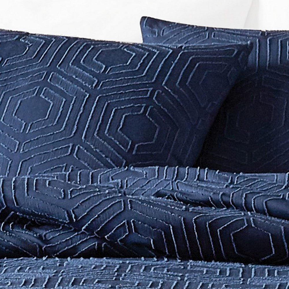 Jose 3 Piece Queen Size Comforter Set, Matching Shams, Jacquard Navy Blue By Casagear Home