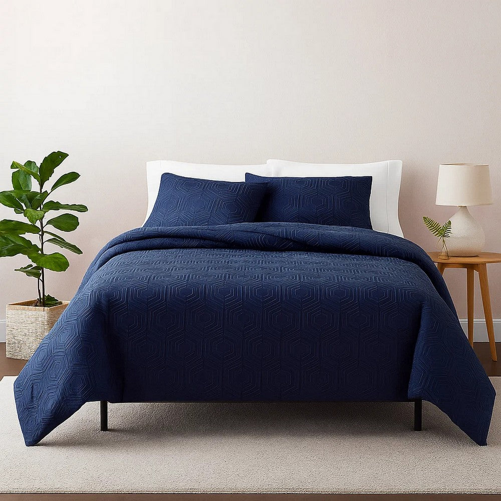 Jose 3 Piece Queen Size Comforter Set, Matching Shams, Jacquard Navy Blue By Casagear Home