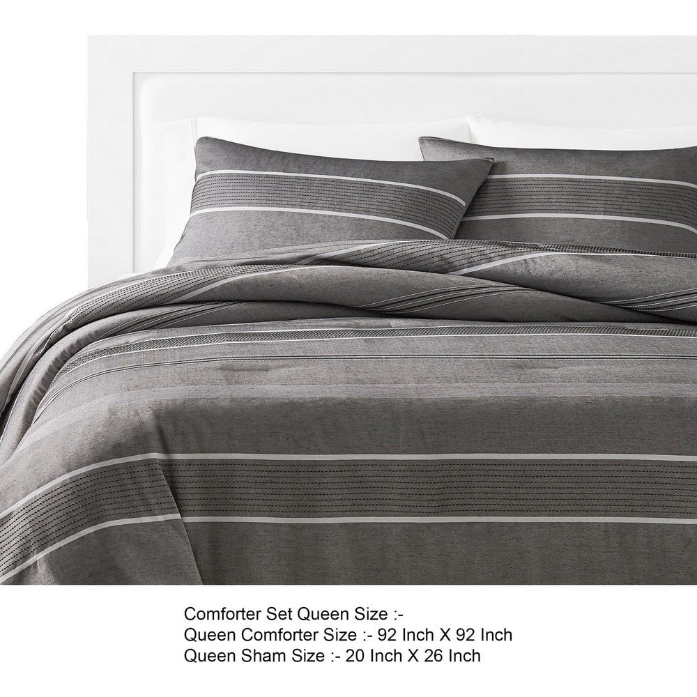 Arlo 3 Piece Queen Size Comforter Set, Striped Woven Jacquard, Soft Gray By Casagear Home