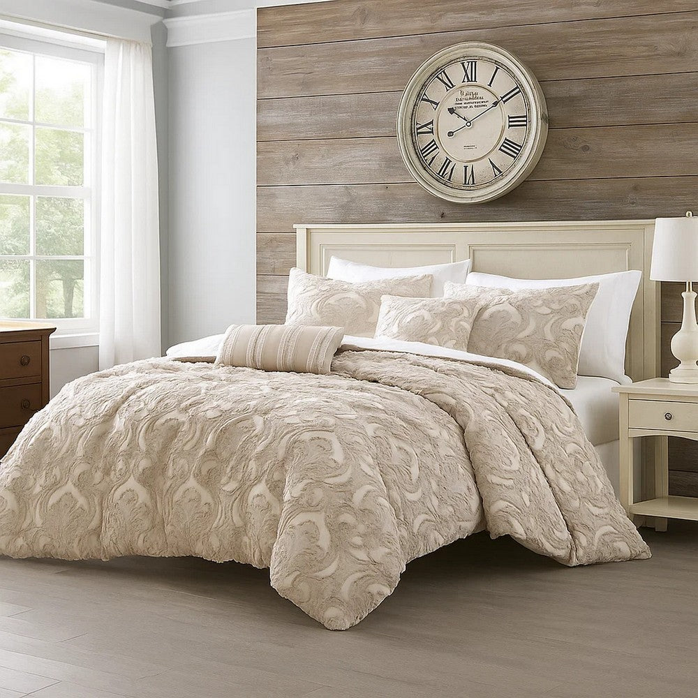 Kile Modern 6 Piece King Size Duvet Comforter Set, Beige Medallion Pattern By Casagear Home