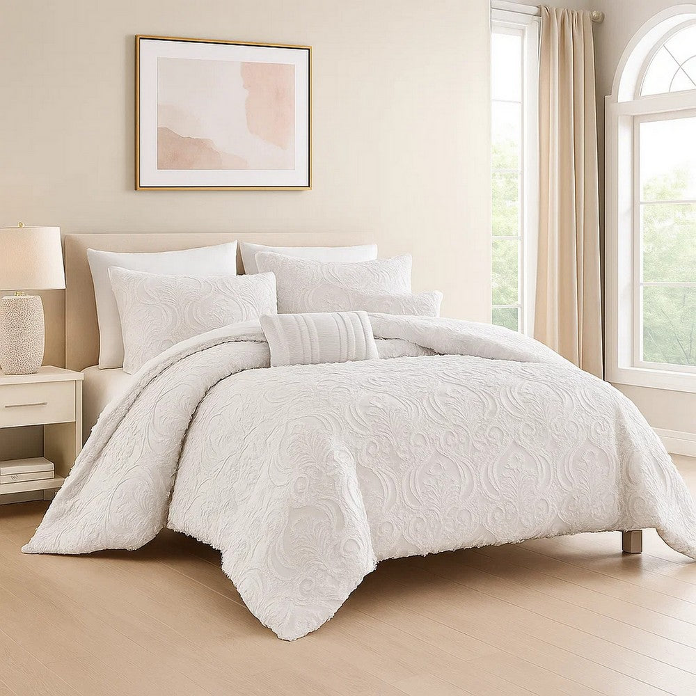 Kile Modern 6 Piece King Size Duvet Comforter Set, White Medallion Pattern By Casagear Home