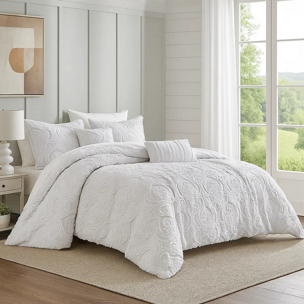 Kile Modern 6 Piece King Size Duvet Comforter Set, White Medallion Pattern By Casagear Home