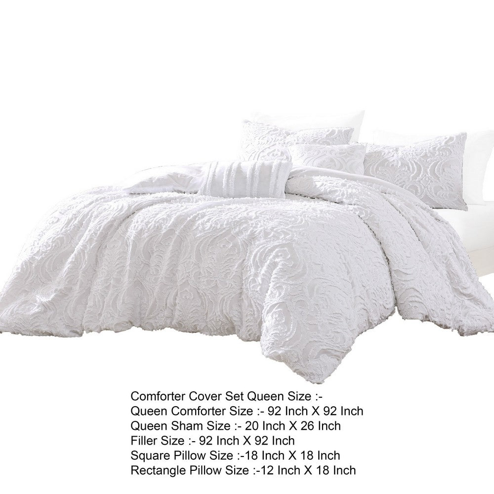 Kile Modern 6 Piece Queen Size Duvet Comforter Set, White Medallion Pattern By Casagear Home