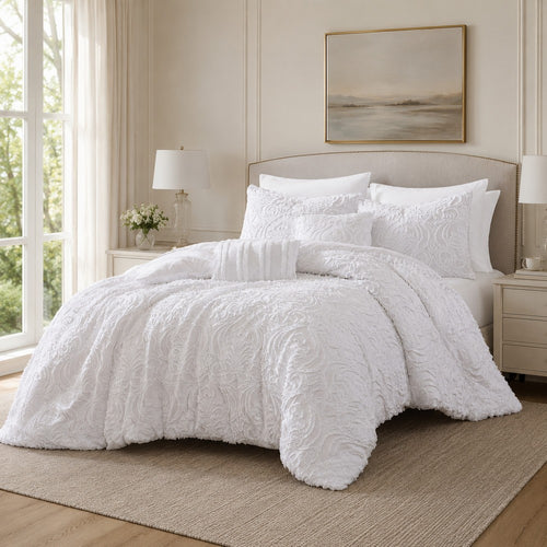 Kile Modern 6 Piece Queen Size Duvet Comforter Set, White Medallion Pattern By Casagear Home