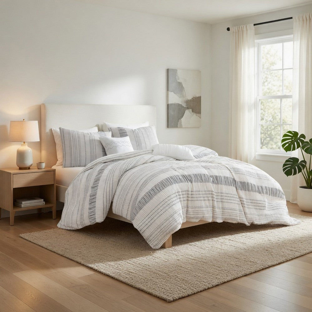 Wim 6 Piece King Size Duvet Comforter Set with Accent Pillows, Striped Gray By Casagear Home