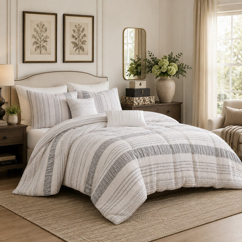 Wim 6 Piece King Size Duvet Comforter Set with Accent Pillows, Striped Gray By Casagear Home
