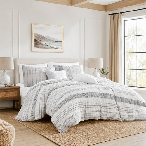 Wim 6 Piece Queen Size Duvet Comforter Set, Accent Pillows, Striped Gray By Casagear Home