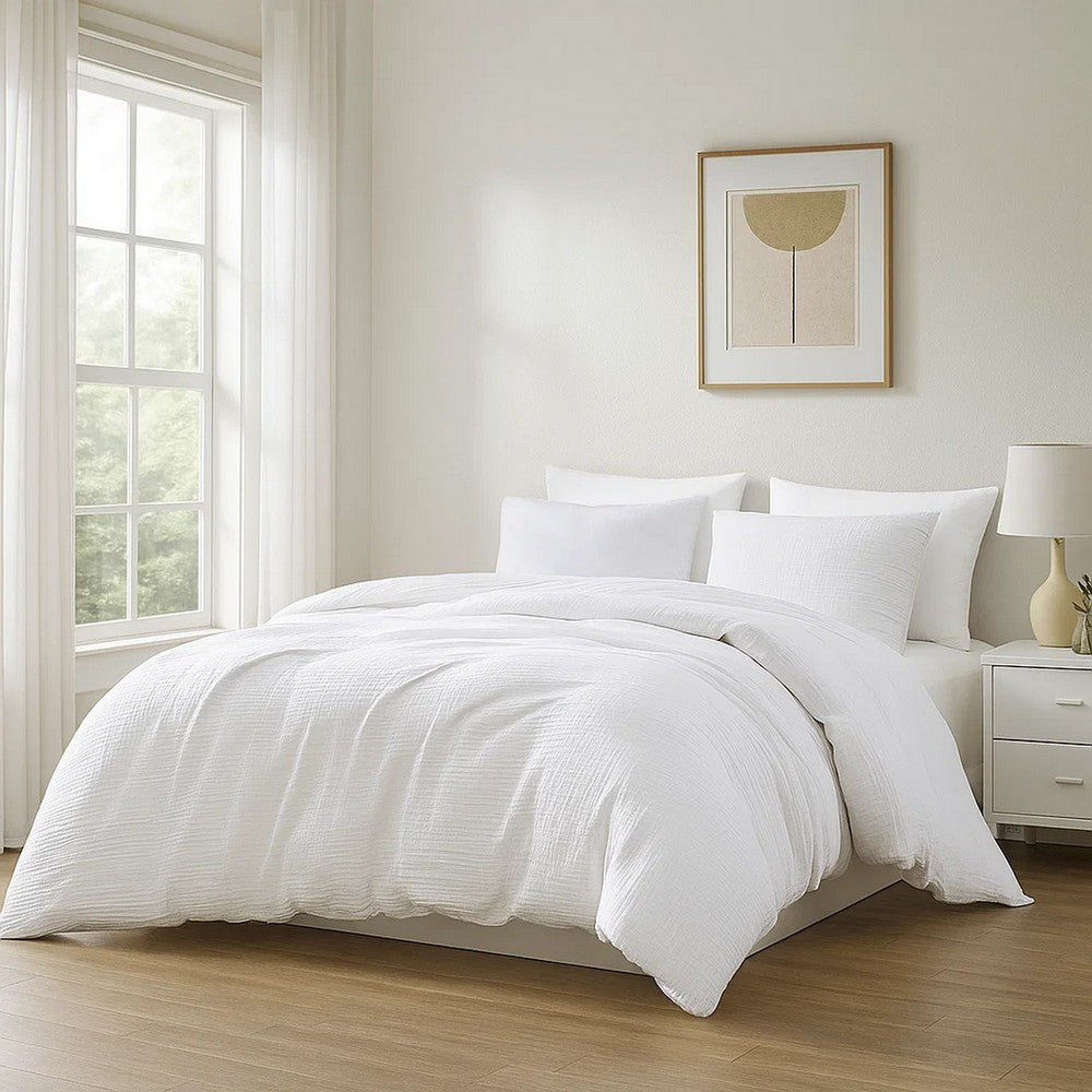 Uvi 3 Piece King Comforter Set, Cotton, Natural Crinkled Texture, White By Casagear Home