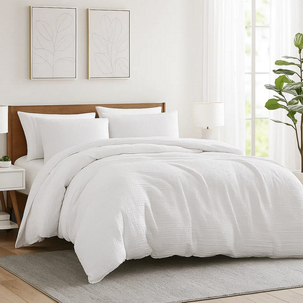 Uvi 3 Piece King Comforter Set, Cotton, Natural Crinkled Texture, White By Casagear Home