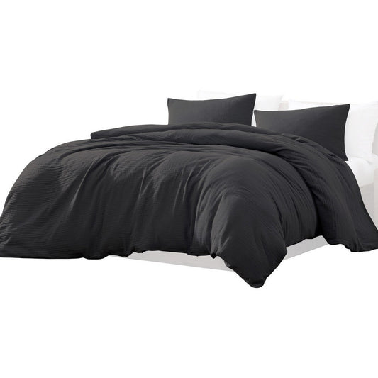 Uvi 3 Piece King Comforter Set, Cotton, Natural Crinkled Texture, Graphite By Casagear Home