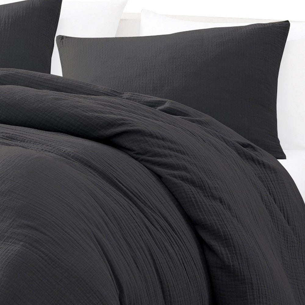 Uvi 3 Piece Queen Comforter Set, Cotton, Natural Crinkled Texture, Black By Casagear Home