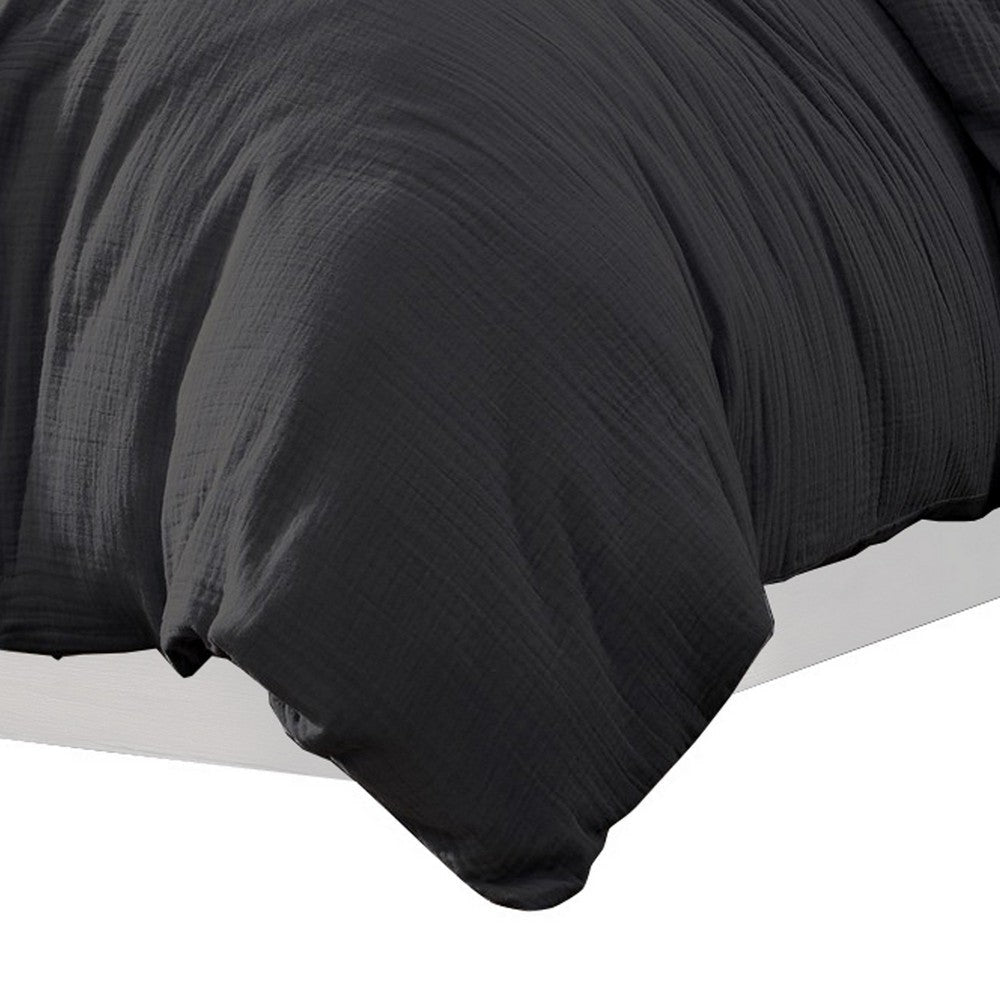 Uvi 3 Piece Queen Comforter Set, Cotton, Natural Crinkled Texture, Black By Casagear Home