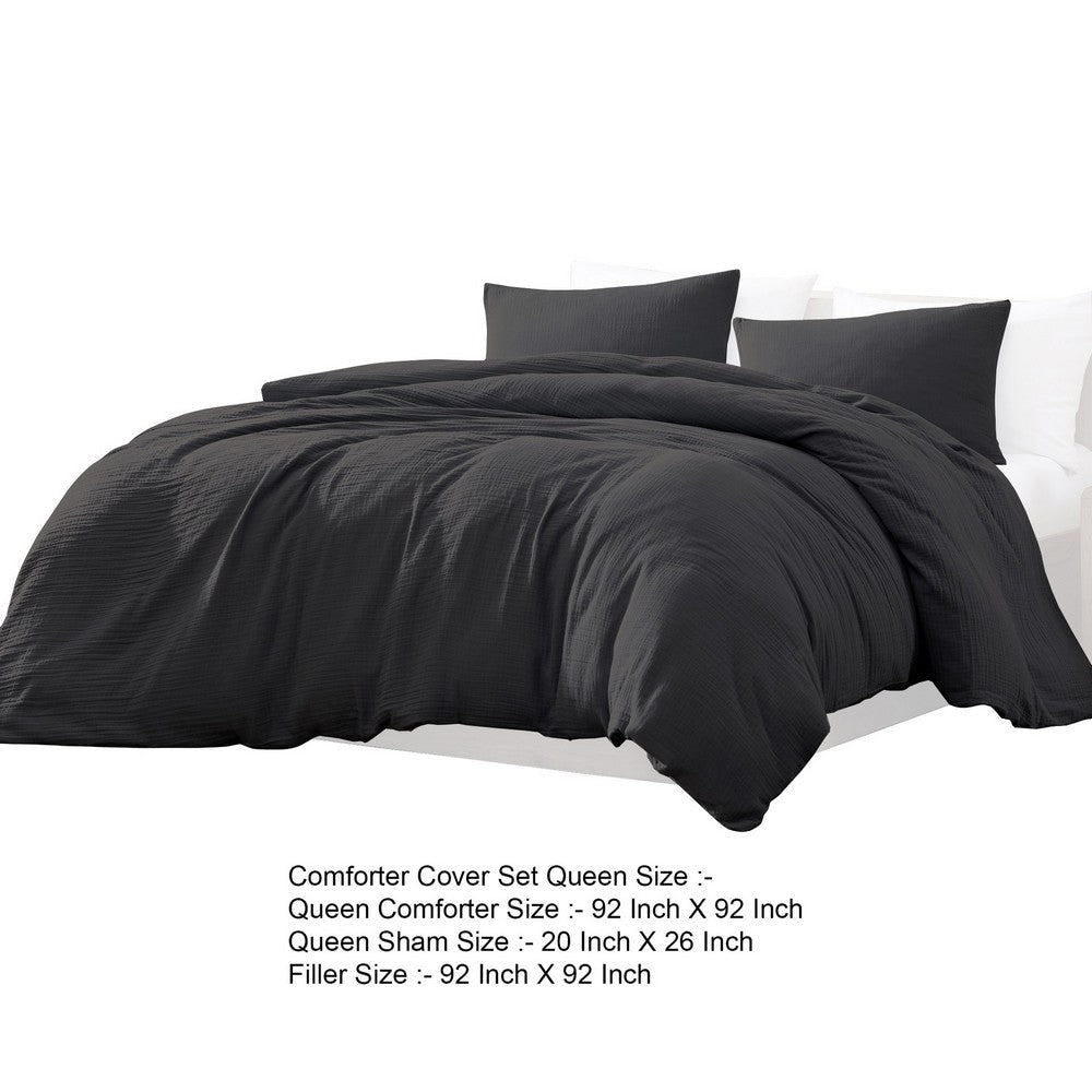 Uvi 3 Piece Queen Comforter Set, Cotton, Natural Crinkled Texture, Black By Casagear Home