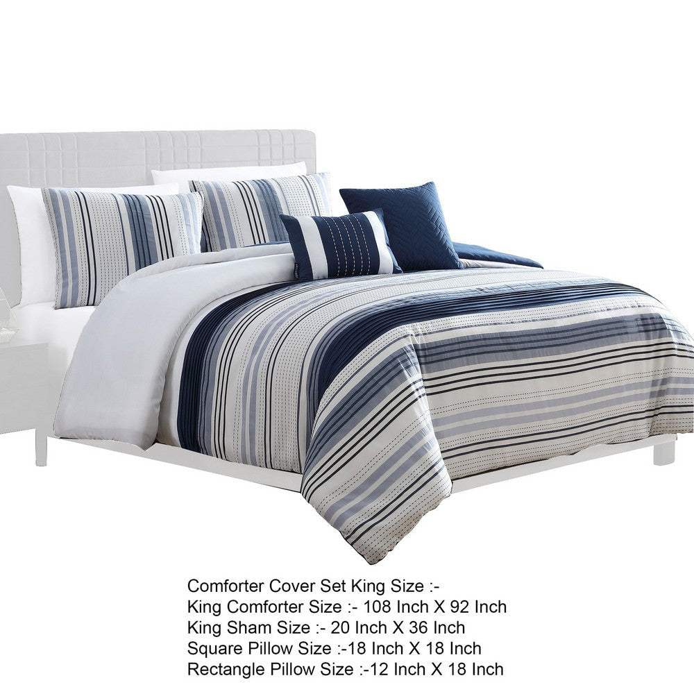 Alfa 5 Piece King Comforter Set Jacquard Woven Stripes Blue White By Casagear Home BM304783