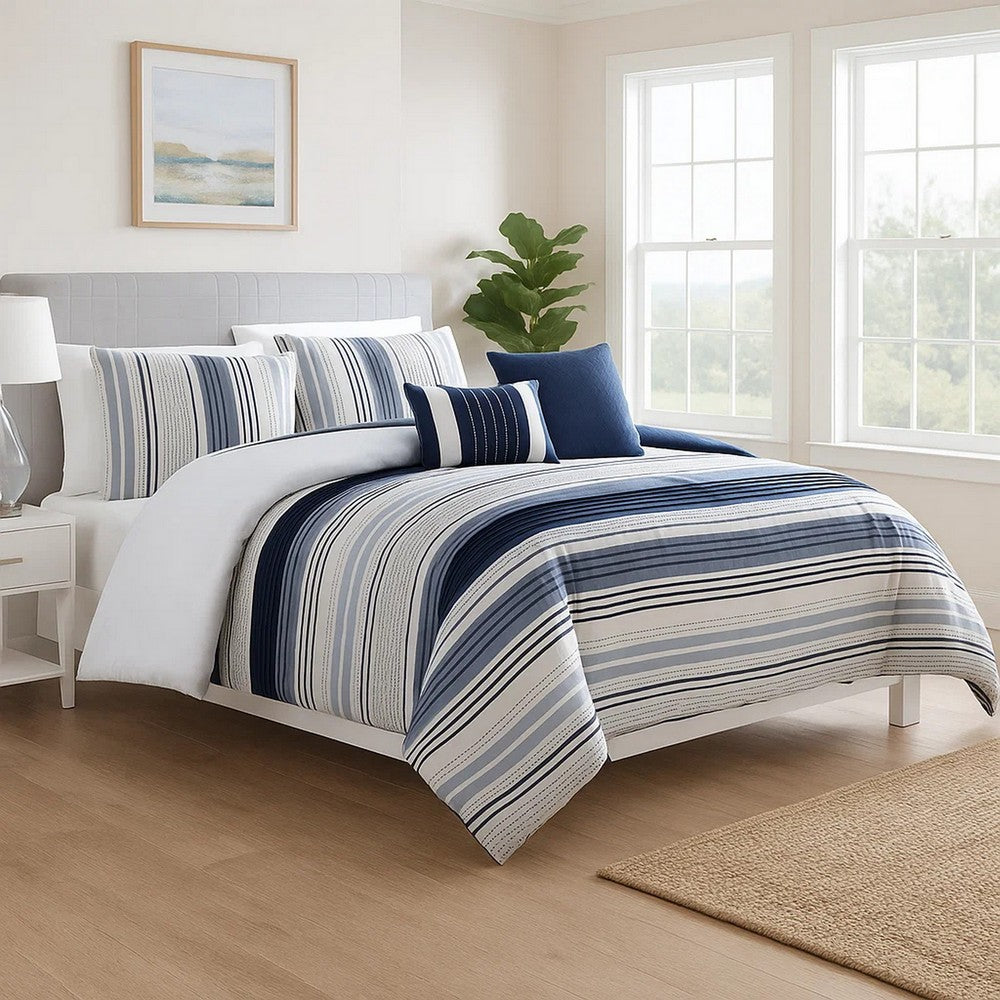Alfa 5 Piece King Comforter Set, Jacquard Woven Stripes, Blue, White By Casagear Home