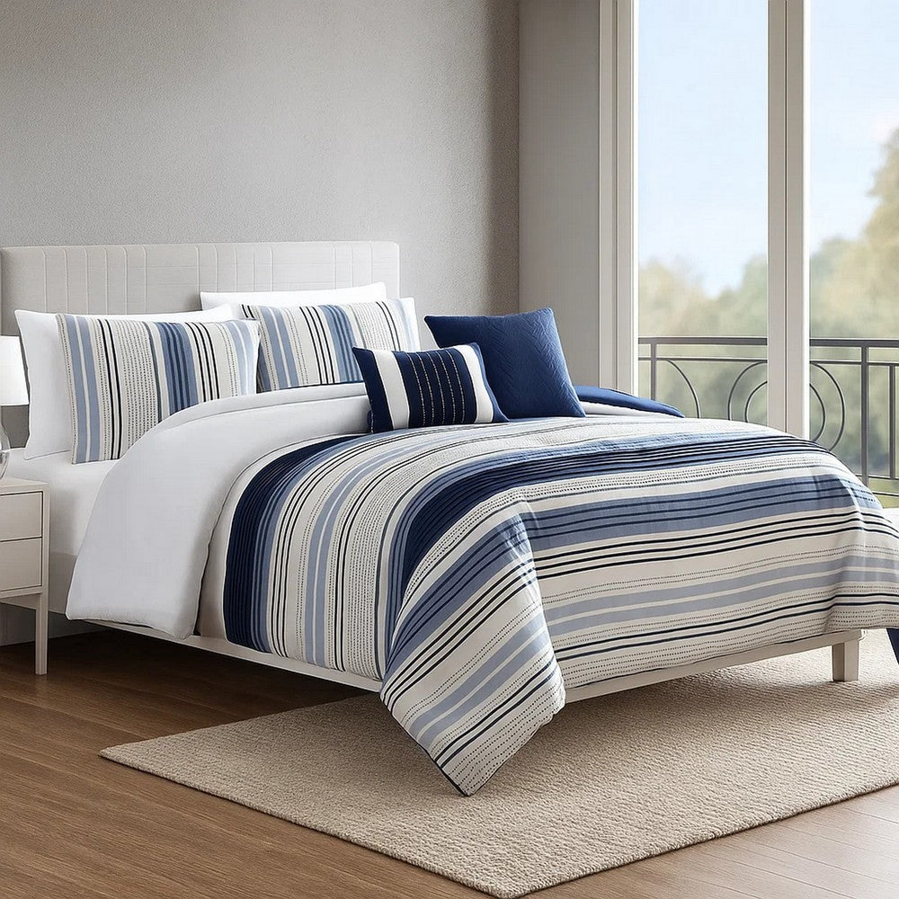 Alfa 5 Piece King Comforter Set, Jacquard Woven Stripes, Blue, White By Casagear Home