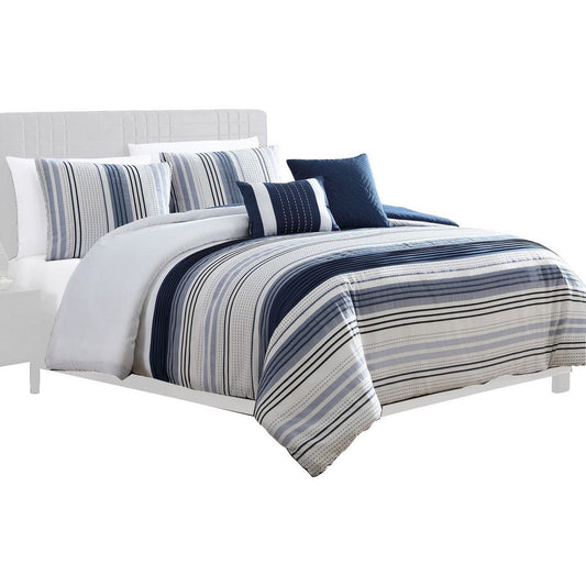 Alfa 5 Piece Queen Comforter Set, Jacquard Woven Stripes, Blue, White By Casagear Home