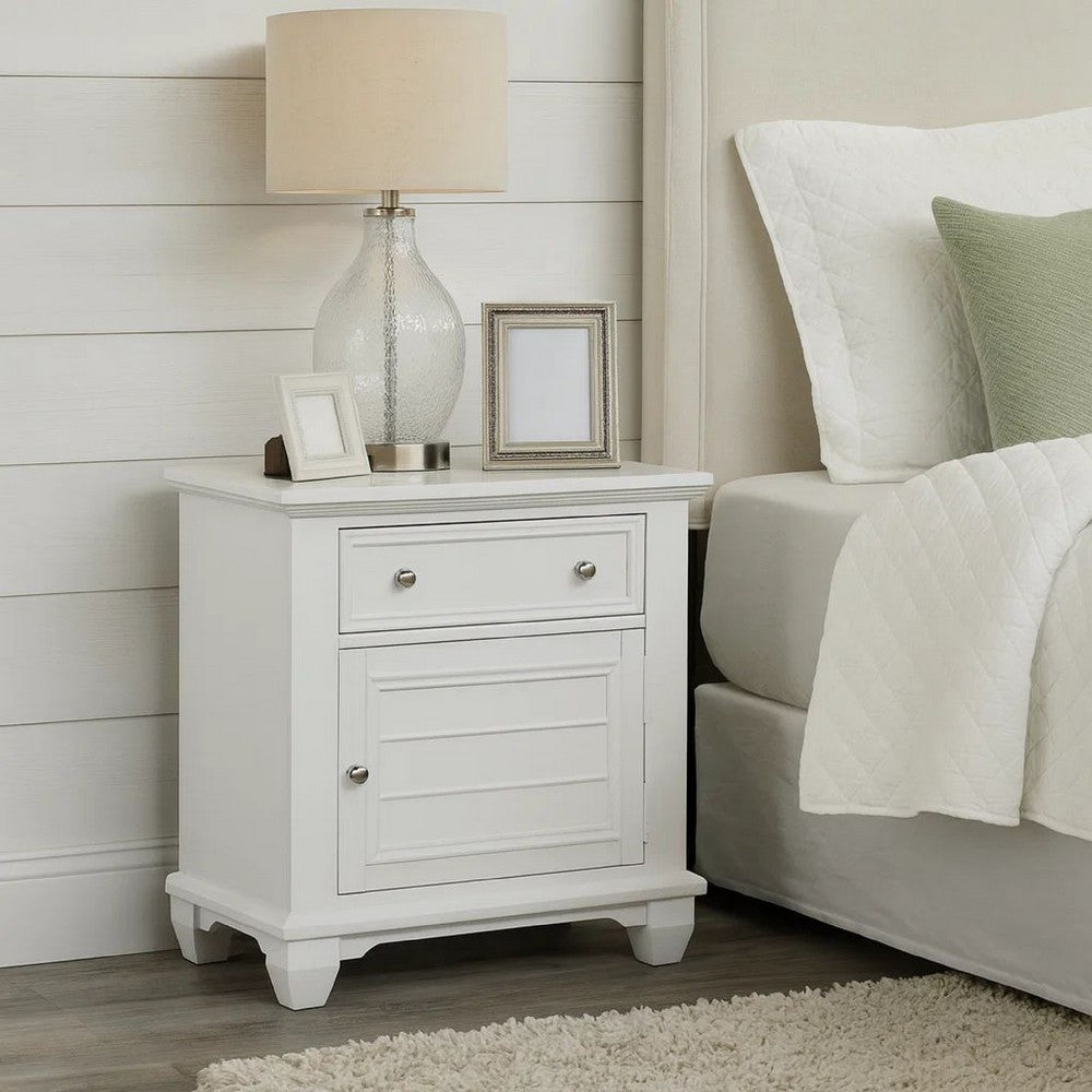 Jims 28 Inch Nightstand, Single Door and Drawer, Cup Handles, White Wood By Casagear Home