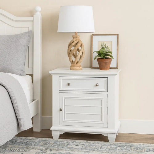 Jims 28 Inch Nightstand, Single Door and Drawer, Cup Handles, White Wood By Casagear Home