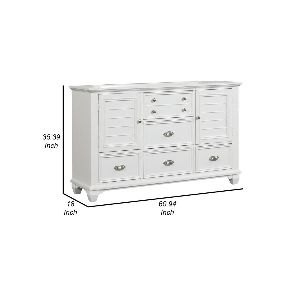 Jims 61 Inch Wood Dresser 2 Cabinets 5 Drawers Cup Handles Crisp White By Casagear Home BM304792