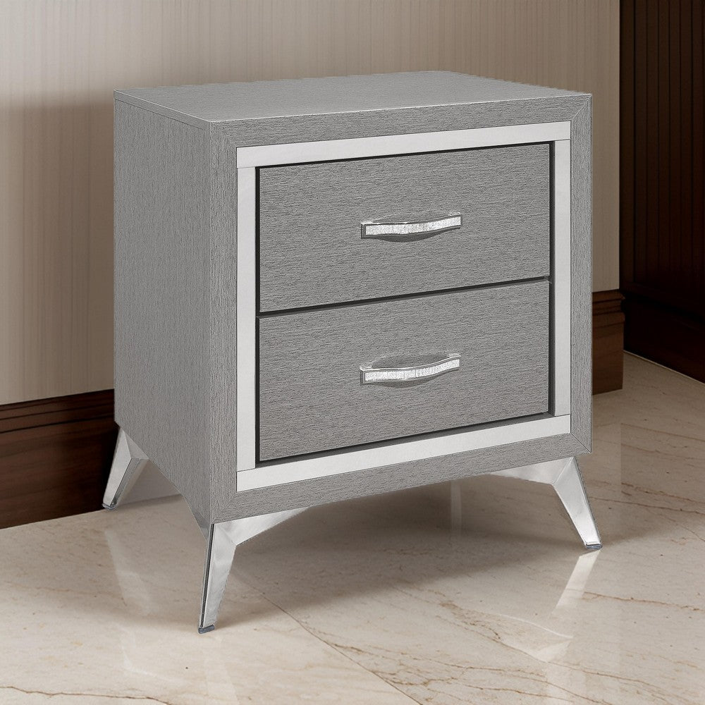 Haya 24 Inch 2 Drawer Nightstand, Embossed Smooth Gray Wood, Silver Trim By Casagear Home