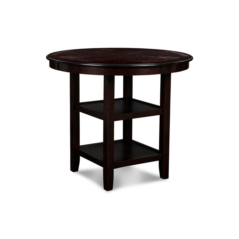 Gale 42 Inch Round Counter Dining Table, 2 Open Shelves, Dark Brown Finish By Casagear Home