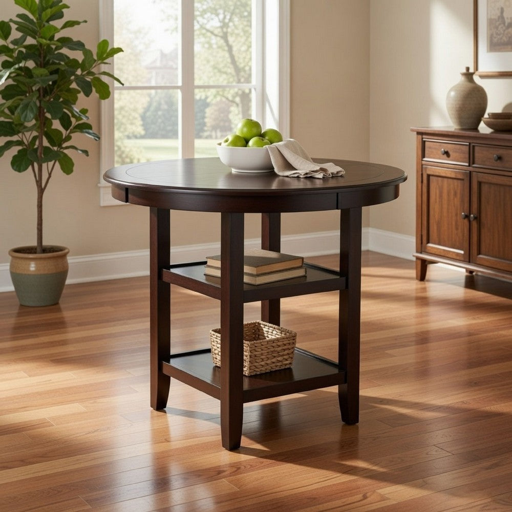 Gale 42 Inch Round Counter Dining Table, 2 Open Shelves, Dark Brown Finish By Casagear Home