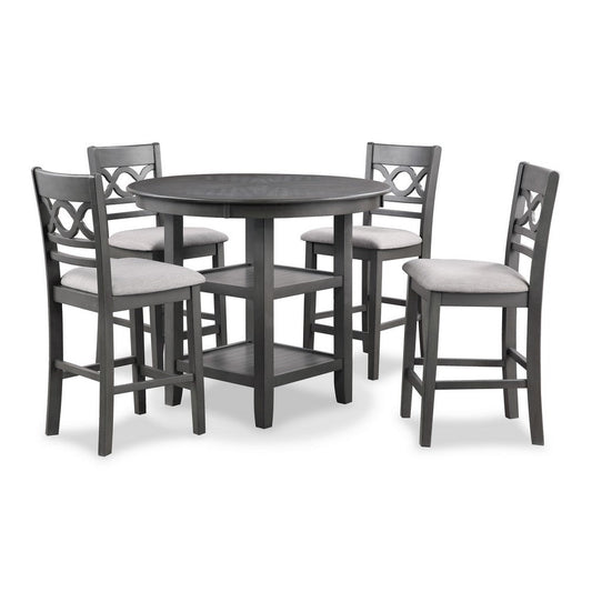 Ceri 5pc Round Counter Dining Table and Chair Set, Gray Wood, White Fabric By Casagear Home