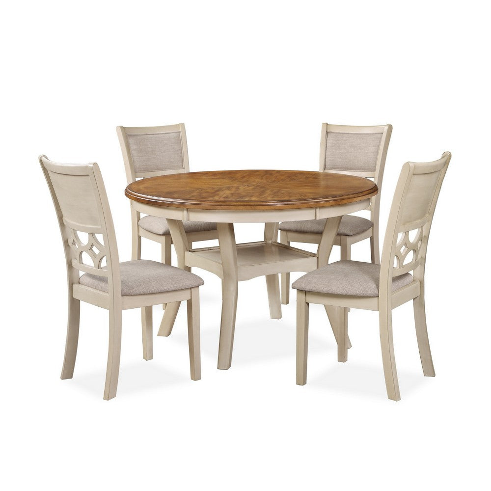 Beas 5 Piece Dining Table and Chair Set, Brown, Beige Wood, Fabric Seating By Casagear Home