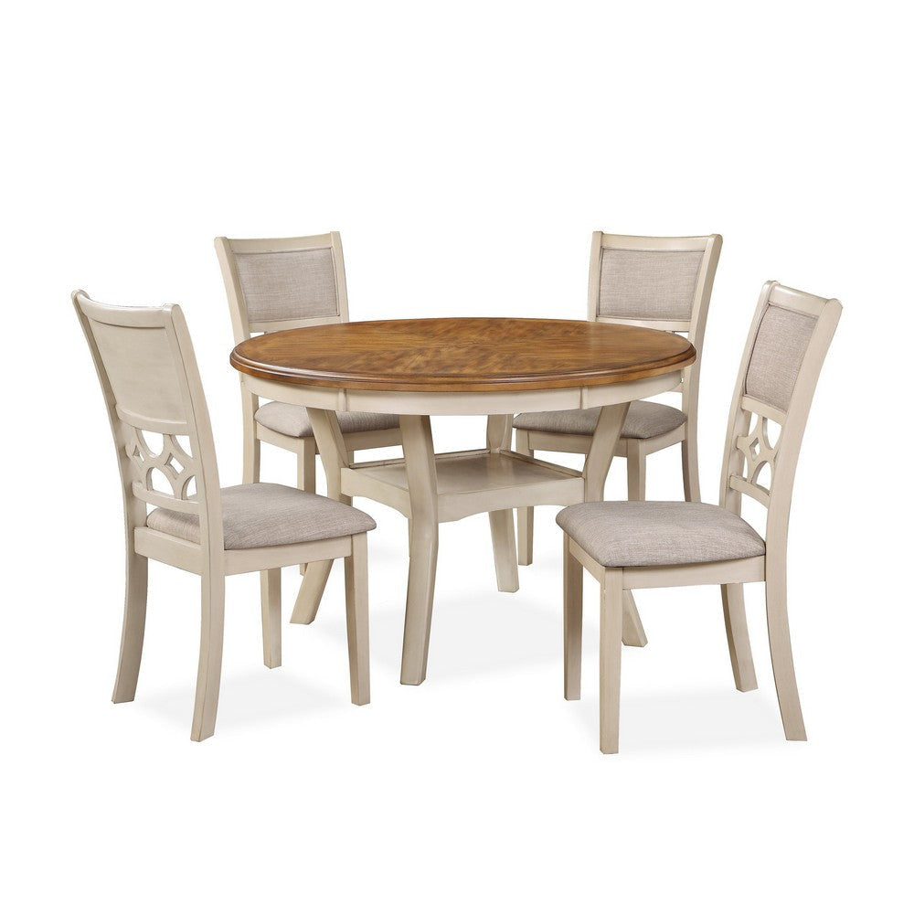 Beas 5 Piece Dining Table and Chair Set, Brown, Beige Wood, Fabric Seating By Casagear Home