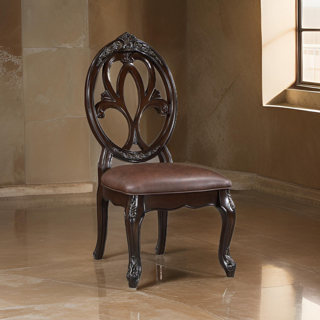 Cran 21 Inch Dining Side Chair Carved Details Faux Leather Seat Brown By Casagear Home BM304831