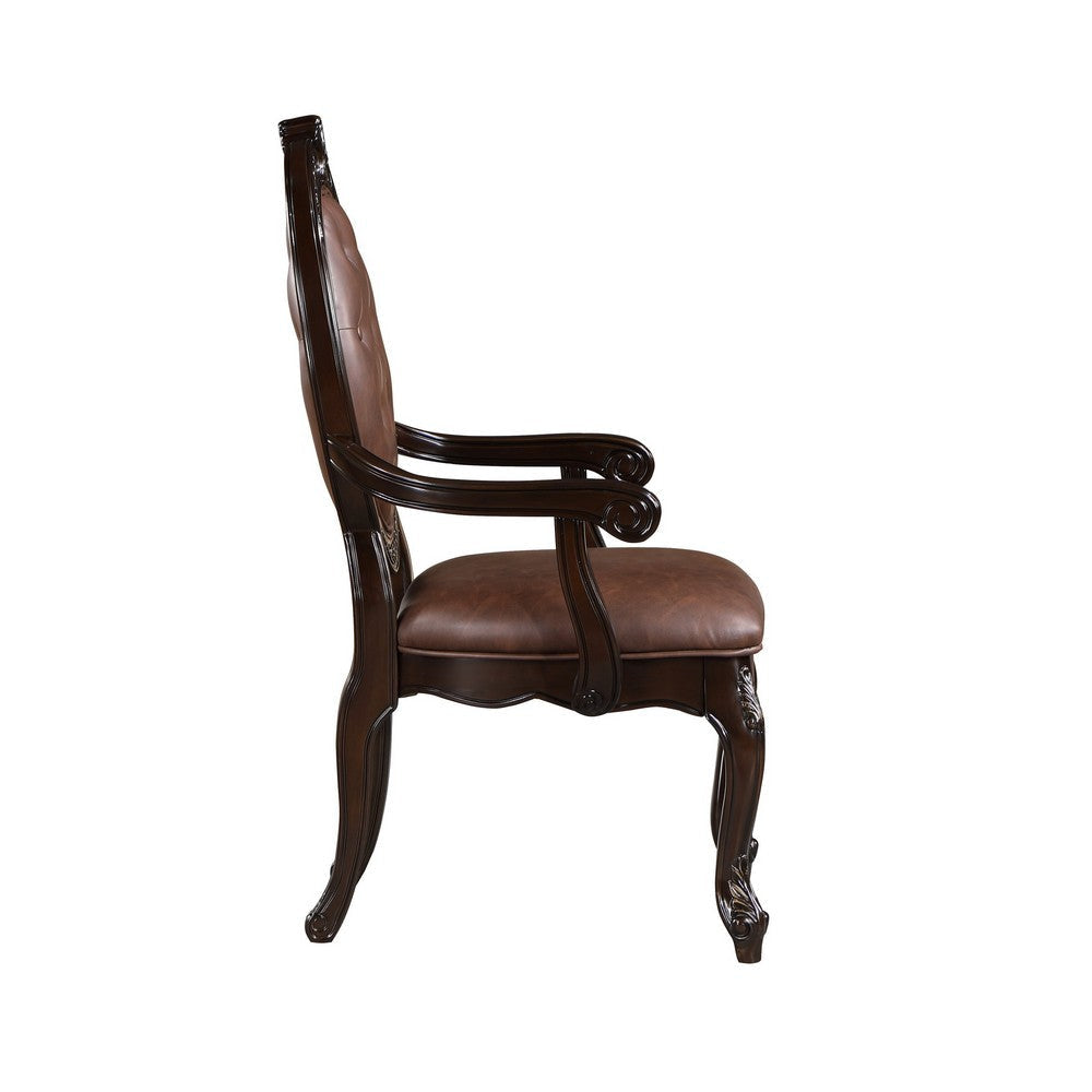 Cran 24 Inch Dining Armchair Carved Details Faux Leather Seat Brown By Casagear Home BM304832