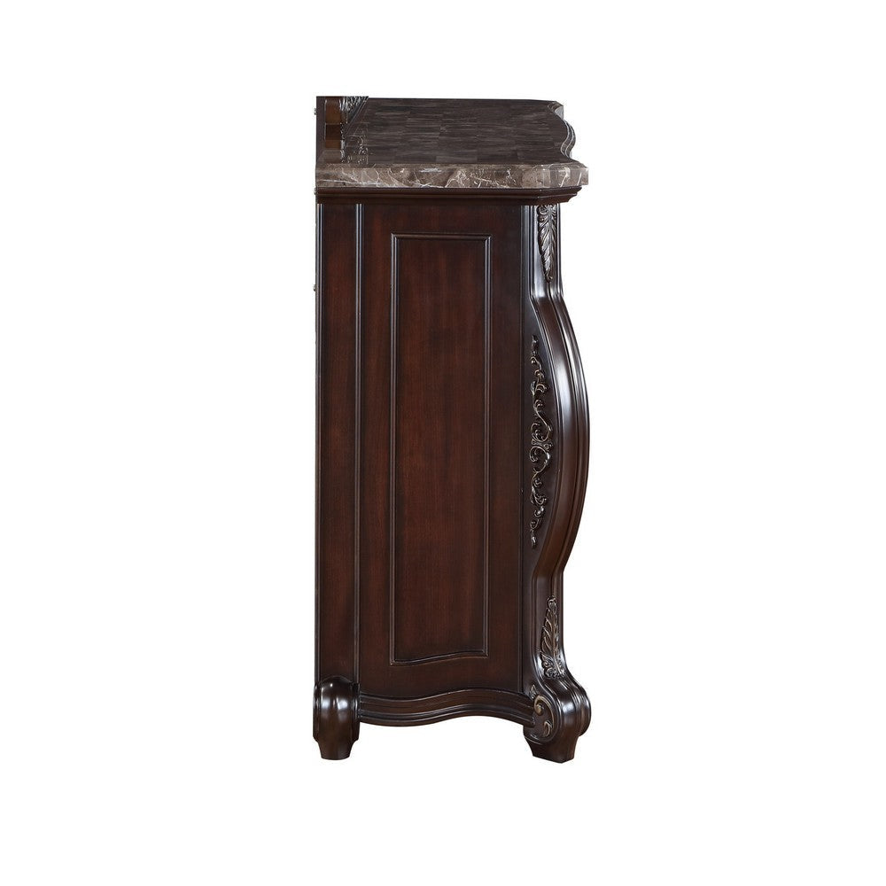 Cran 68 Inch Carved Server 3 Drawers 3 Cabinets Faux Marble Top Brown By Casagear Home BM304833