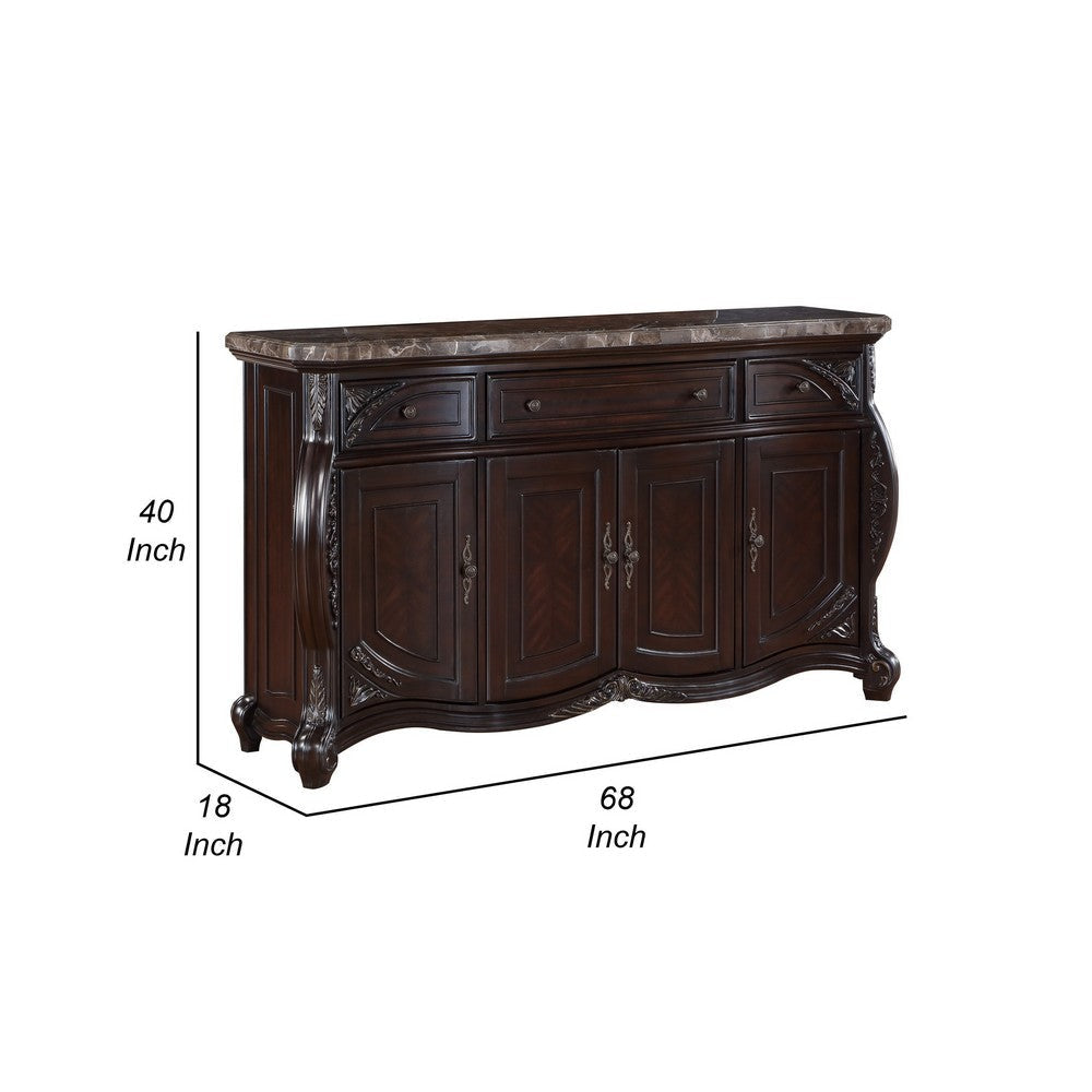 Cran 68 Inch Carved Server 3 Drawers 3 Cabinets Faux Marble Top Brown By Casagear Home BM304833