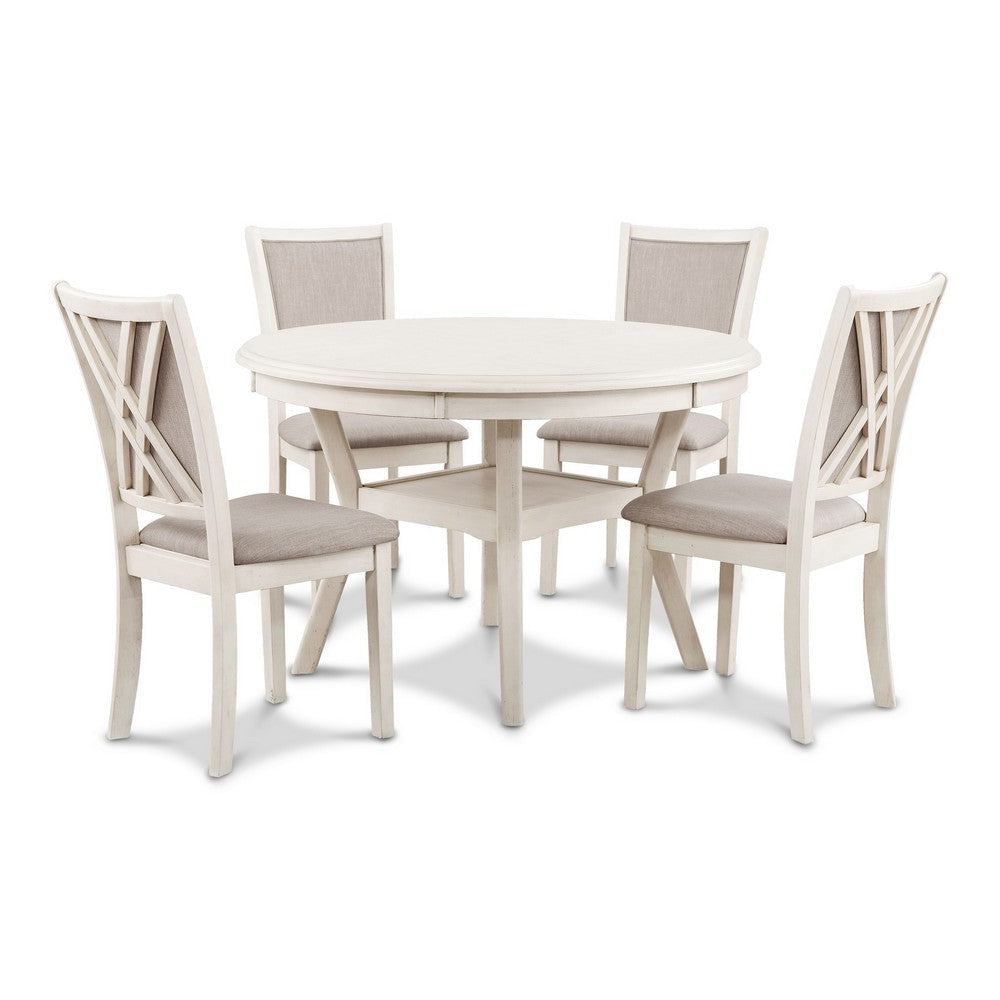 Aine 5 Piece Round Dining Table and Chair Set White Wood Fabric Seat By Casagear Home BM304836