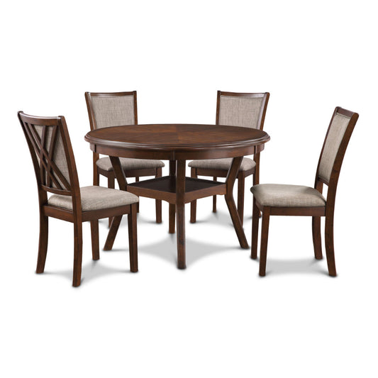 Aine 5 Piece Round Dining Table, Chair Set, Cherry Brown Wood, Fabric Seat By Casagear Home